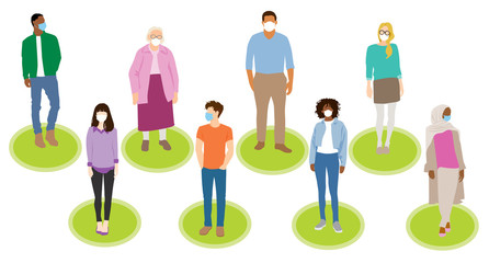 Social Distancing Concept Image, Group of Diverse Standing People Wearing Protective Medical Face Masks,  flat digital vector illustration