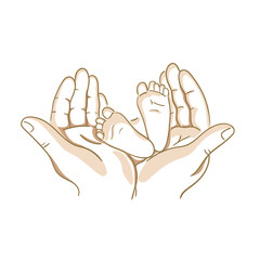 Baby feet. Line art sketch of baby feet in mother hands; Happy family maternity concept; Hand drawn vector illustration. 
