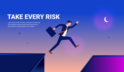 Take every risk in business - Man jumping over buildings in a dangerous attempt to reach success. Night sky, stars and moon, and text space. Courage, challenge comfort zone, risk and reward concept.