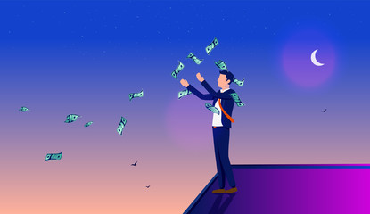 Throwing money away - Man on top of building throwing dollars in the air and wind loosing it all. Careless economy and financial loss concept. Vector illustration.