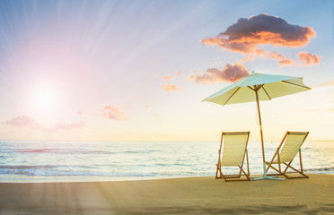 Background with couple of deck chairs at sunset, Travel concept, Summer background