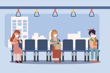 Peoples make social distancing at seat during covid-19. New normal lifestyle in daily after Coronavirus outbreak. 