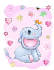 Cute cartoon elephant with beautiful eyes with a butterfly surrounded by flowers, children's illustration