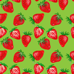 Fresh strawberry on a green background. Fruit seamless pattern.