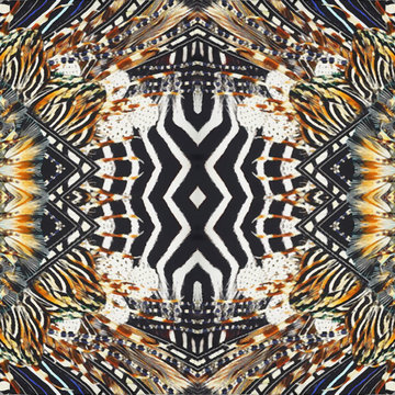 Abstract pattern print for decor, decoration, oil on canvas, interior. Bright modern tropical striped, spotted leopard, zerba, feathers, spots ornament. African geometric style collage. Kitsch