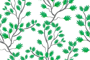 Seamless pattern of branches with green leaves drawn by watercolor.