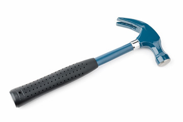 Blue hammer with a rubber handle on a white isolated background