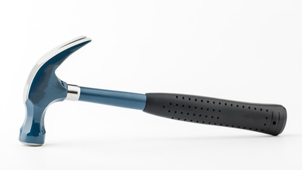 Blue hammer with a rubber handle on a white isolated background