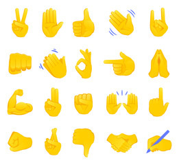 Hand gesture emojis icons collection. Handshake, biceps, applause, thumb, peace, rock on, ok, folder hands gesturing. Set of different emoticon hands isolated vector illustration.