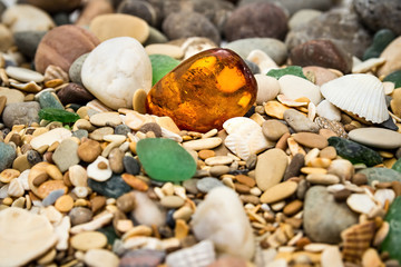 Amber stone. Mineral amber. Rosin yellow amber. Sunstone on a beach of pebbles.