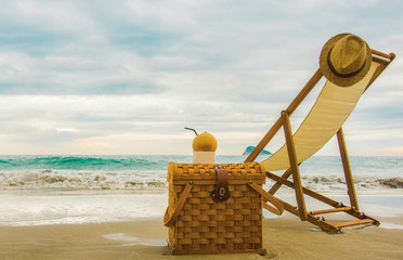 Fototapeta na wymiar Beach Chair at Sunset, Summer background, Travel concept