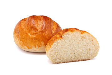 Burger potato bread isolated on white background cut in half.