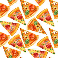 seamless pattern,  pizza on an isolated white background, watercolor illustration