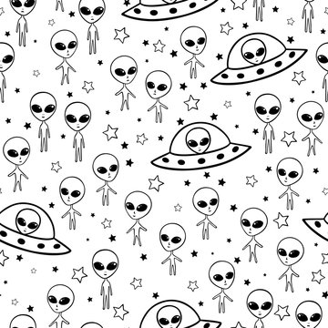 Black and white seamless pattern with aliens