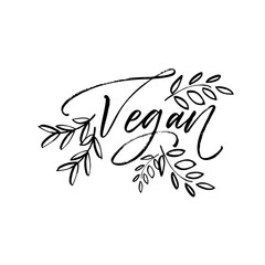 Vegan phrase with leaves elements. Hand drawn brush style modern calligraphy. Vector illustration of handwritten lettering. 