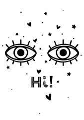 Black and white postcard with eyes and quote