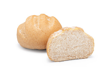 Whole grain hamburger bread isolated on white background cut in half