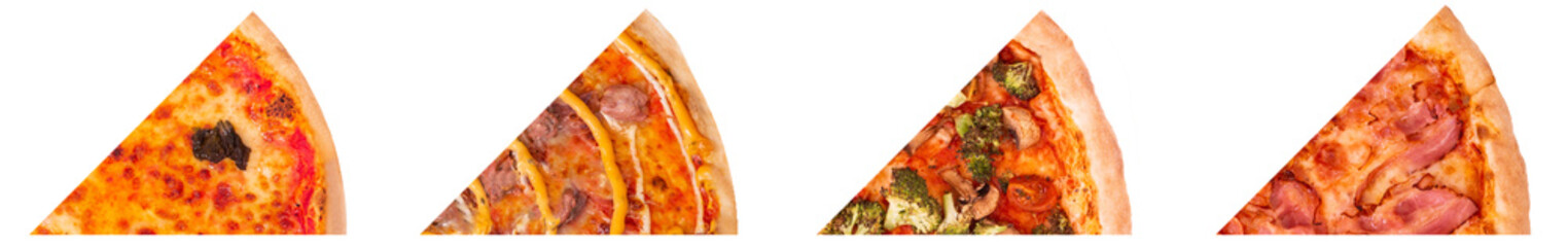 Set of four different slices of tasty italian pizza: Margherita, Salsiccia with sausages, with fresh vegetables and with bacon, isolated on white background