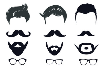 Set of hairstyles for men. Collection of black silhouettes of hairstyles and beards. Vector illustration for a hairdresser.