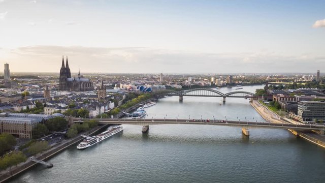 Cologne (Koln) Germany Boats Going Down the Rhine River Hyperlapse