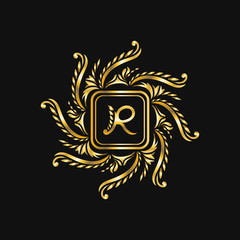 golden elegant floral monogram with rounded square frame template design on black background