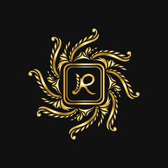 Obraz premium golden elegant floral monogram with rounded square frame template design on black background