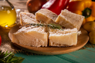 salted codfish on the wooden table with ingredients. Codfish raw.