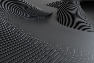 3D rendering of black abstract curved lines on black matte surface