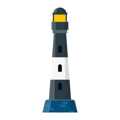 Flat lighthouse icon with black and white stripes. Vector logo beacon. Cartoon Light house object for web.