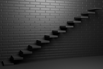 Black ascending stairs in black room with brick wall, abstract 3D illustration.