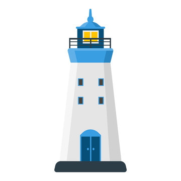 Flat lighthouse icon. Vector logo marine beacon. Cartoon Light house object for web.