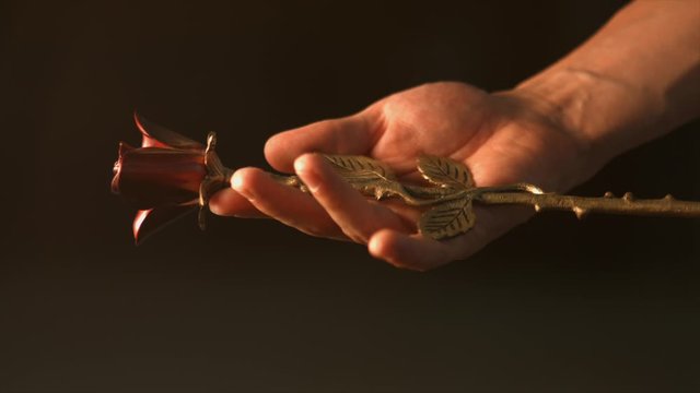 hand holding an urn with ashes in rose form