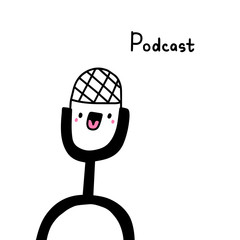 Podcast hand drawn icon logo in doodle style black white illustration with lettering