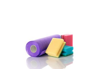 Dish sponge. Yellow foam sponge for kitchen isolated on white. Household clean equipment background. Supplies for cleaner service.