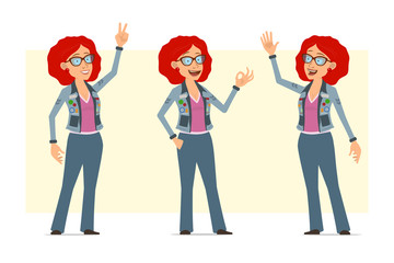 Fototapeta premium Cartoon flat funny redhead hippie woman character in glasses and jeans jacket. Ready for animation. Girl saying hello, showing peace and okay sign. Isolated on yellow background. Vector set.