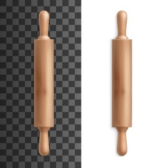 Rolling pin or dough roller realistic vector of bakery tools and baking kitchen utensils. Wooden rolling pin with handles on transparent and white background