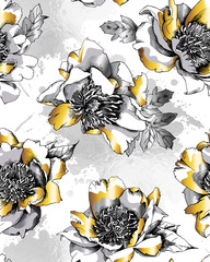 Floral seamless pattern with image of a gold and silver Peony flowers and leaves on a foil blots background. Vector illustration.