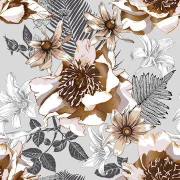 Floral Seamless pattern with image of a bronze peony and heliopsis flowers and  fern leaves on a gray background. Vector illustration.