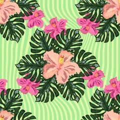 Tuinposter Exotic seamless pattern with tropical leaves and flowers on a black background. Striped background. © MichiruKayo