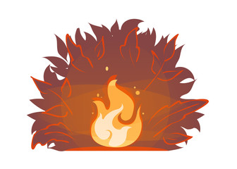 Red forest fire on night bush silhouette backdrop. Illustration of summer wildfire. Campfire icon. Burning bonfire vector. Firewood flames, burn fireplace cartoon sticker. Bright flame with sparks