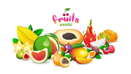 Mountain of exotic fruits on white background, fruit market store logo and banner, vector illustration.