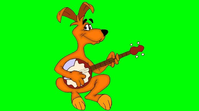 A cartoon character in motion-a kangaroo plays various musical instruments in a loop against a green chromakey background.