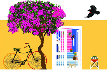 Naklejka na ściany i meble Colorful Pink Tree,Vintage Bicycle,Art Work, Istanbul lifestyle, flying Bird,Painting for Wall Decoration,Decorative Art,Memory 