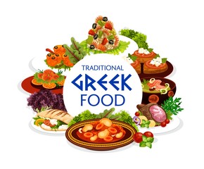 Greek cuisine food of vector dishes with vegetables, meat, fish and seafood. Beef stew stifado, shrimp risotto, cod cream soup and baked lamb, feta and tomato on grilled bread, prawn in garlic sauce