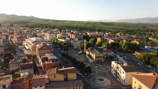 Lariano, aerial view of the small town, the square is visible, with the main church and the town hall