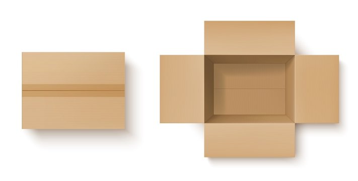 Brown cardboard box realistic mockup of delivery packages vector design. Open and closed carton parcel, top view of empty shipping or storage packaging containers