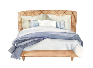 Watercolour hand painted home interior bedroom bed furniture illustration on white background