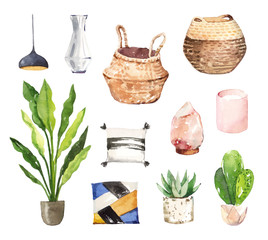 Watercolor hand painted interior decorations and plants illustration set isolated on white background