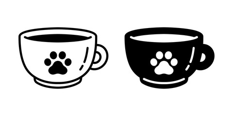 cat paw dog footprint vector cup coffee tea icon kitten calico glass drink logo symbol character cartoon illustration doodle design