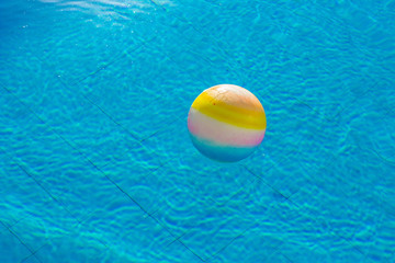 ball in swimming pool summer vacation season time concept poster relaxation area with clean blue water, empty copy space for your text